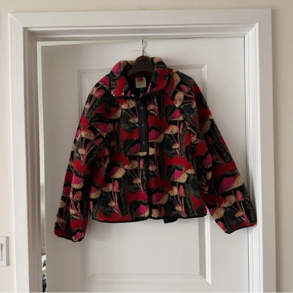 Farm Rio Black Wild Mushrooms Fleece Bomber Jacket - Picture 4 of 9
